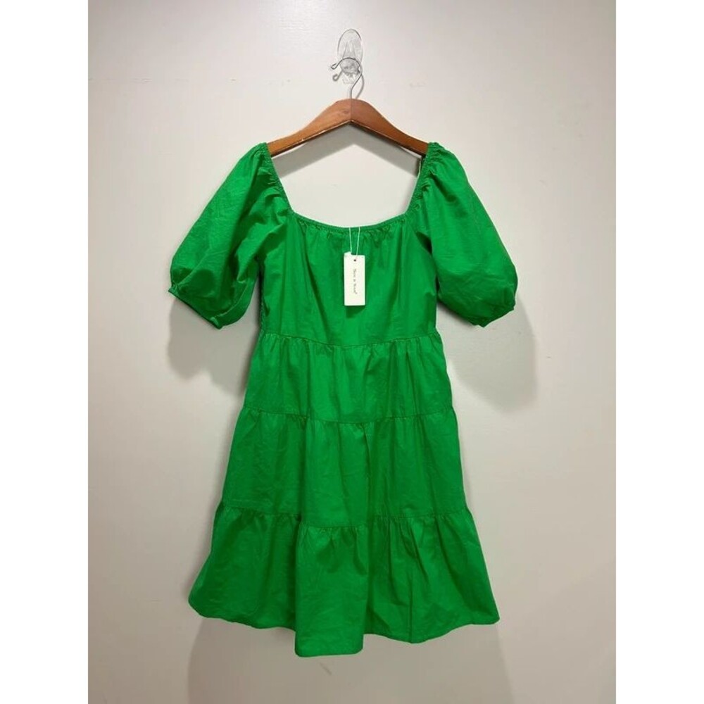 Sim & Sam Kelly Green Cotton Tiered Dress puff sleeves, smocking, Size M